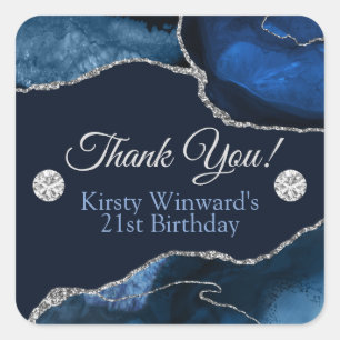Navyblaue und silberne Glitter-Achat-Geburtstagsfe Quadratischer Aufkleber
