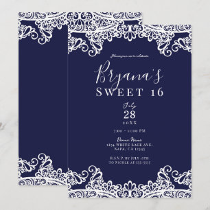 Navyblaue und weiße Spitze Elegante Sweet 16 Party Einladung