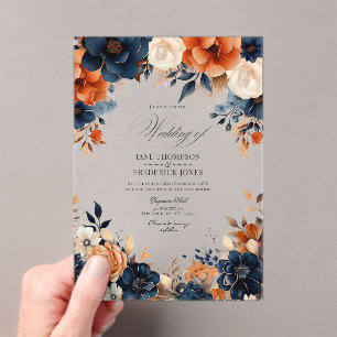 Navyblaue, verbrannt orangefarbene und champagnerf acryleinladungen