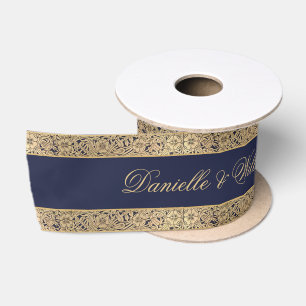Navyblaue Vintage-Goldrosen-Kaligrafie-Hochzeit Satinband