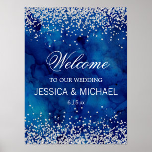 Navyblaue Wasserfarbe Silber Glitter Hochzeit Poster
