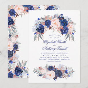 Navyblaue Wasserfarben - Florale elegante Hochzeit Einladung