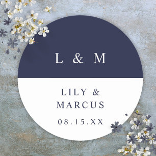 Navyblaue Weiße Monogramm Minimalistische Hochzeit Runder Aufkleber