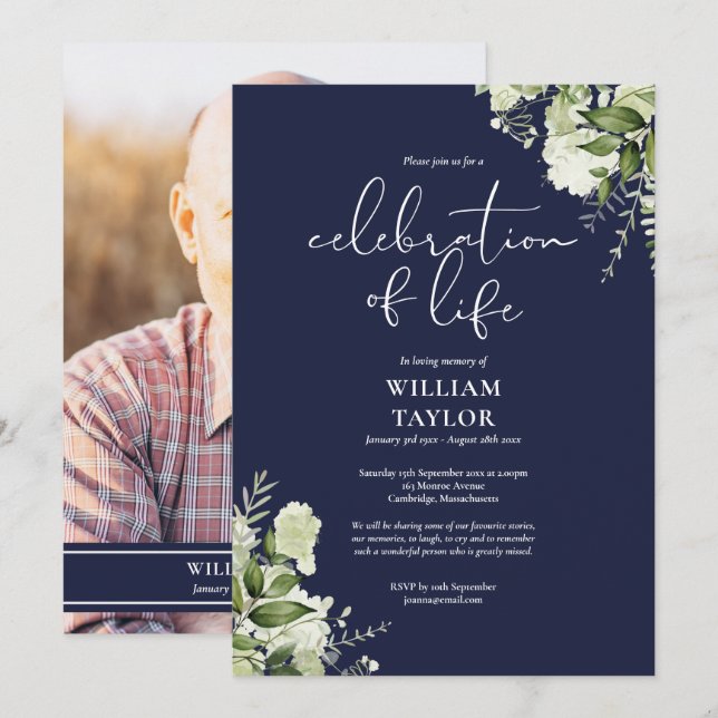 Navyblauer Gedenkfotos mit Grün Einladung (Vorne/Hinten)