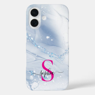 Navyblauer Marmor Gold Glitter Monogramm iPhone 16 Hülle