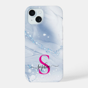 Navyblauer Marmor Gold Glitter Monogramm iPhone 15 Hülle