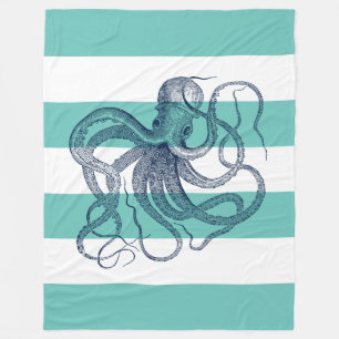 Navyblauer Oktopus auf weißen und türkis gestreift Fleecedecke