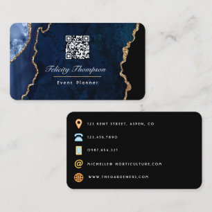 Navyblauer und goldener Geode-Achatstein-QR-Code Visitenkarte