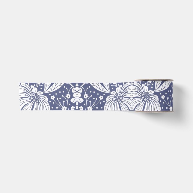 Navyblaues Blumendesign im William-Morris-Stil Satinband (Vorderseite)