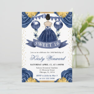 Navyblaues Kleid Braunhaarige Prinzessin Sweet 16 Einladung