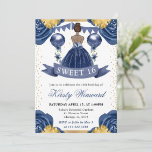 Navyblaues Kleid Dunkle Haut Prinzessin Sweet 16 Einladung