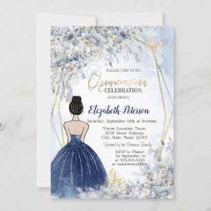 Navyblaues Kleid Mädchen, Blaue Blumen Quinceanera Einladung