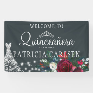 Navyblaues Prinzessinnenkleid, florale Quinceanera Banner