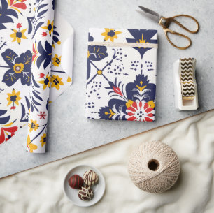 Navyblaues und gelbes traditionelles Volksmedaillo Geschenkpapier