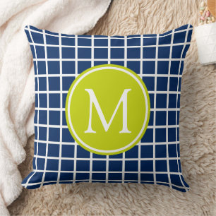 Navyblaues und Limettgrünes Gittermonogramm Kissen