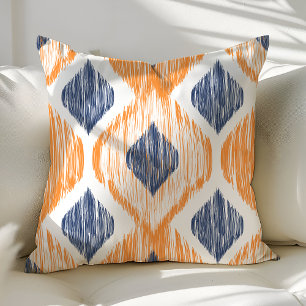 Navyblaues und oranges Ogee-Ikat-Muster Kissen