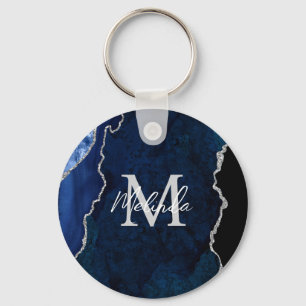 Navyblaues und silbernes Marmor-Achat Schlüsselanhänger