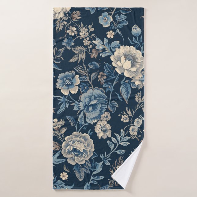 Navyblaues Vintage-Blumen-Botanik-Muster Badehandtuch (Badehandtuch)
