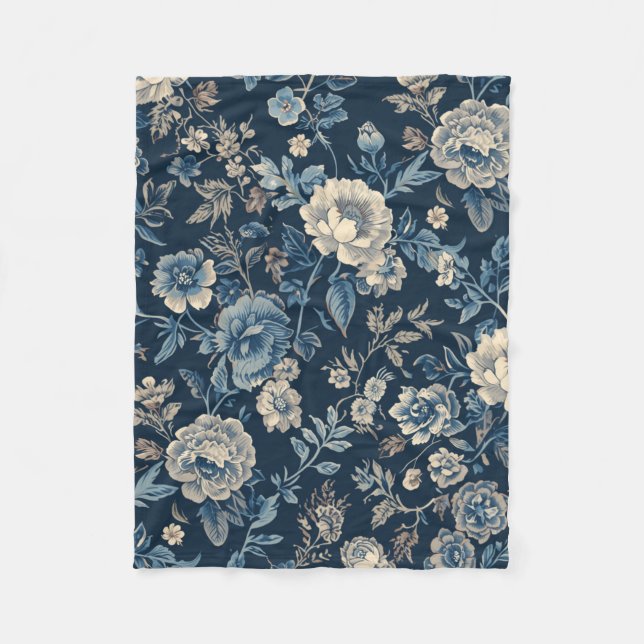 Navyblaues Vintage-Blumen-Botanik-Muster Fleecedecke (Vorderseite)