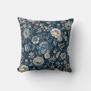 Navyblaues Vintage-Blumen-Botanik-Muster Kissen