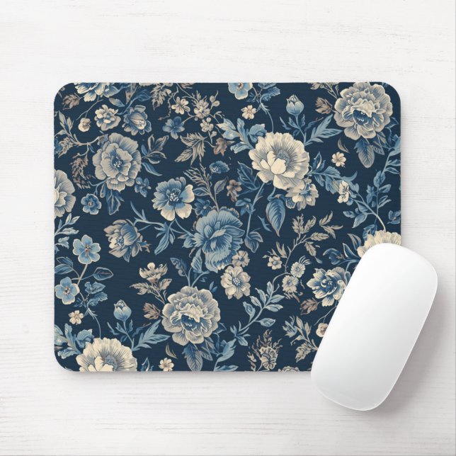 Navyblaues Vintage-Blumen-Botanik-Muster Mousepad (Mit Mouse)