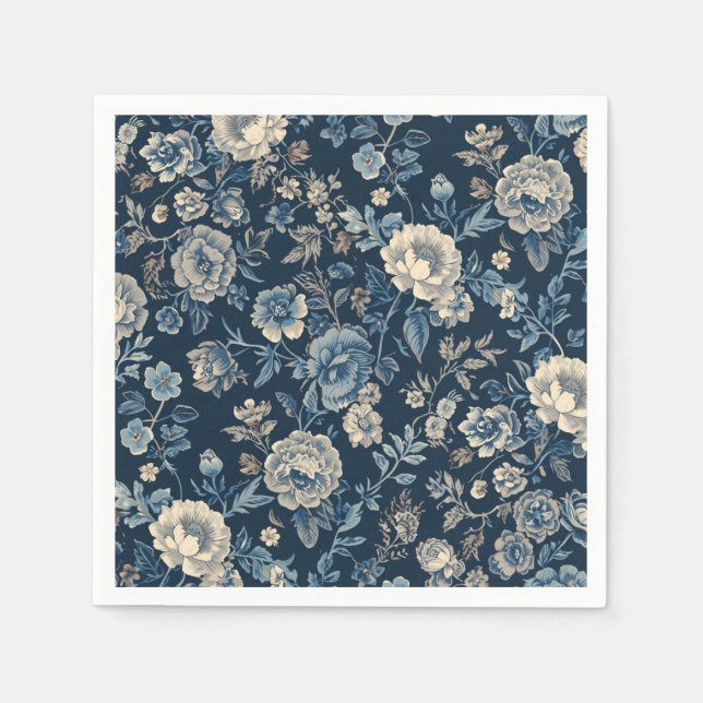 Navyblaues Vintage-Blumen-Botanik-Muster Serviette (Vorderseite)