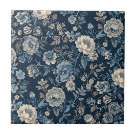 Navyblaues vintage-blumiges botanisches Muster Fliese