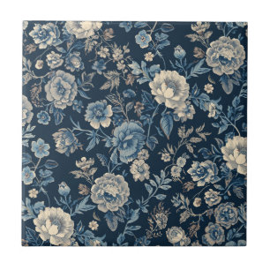 Navyblaues vintage-blumiges botanisches Muster Fliese
