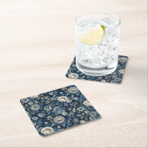 Navyblaues vintage-blumiges botanisches Muster Rechteckiger Pappuntersetzer