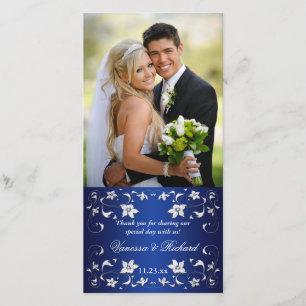 Navyl Blue, Silver Floral Wedding Foto Card Dankeskarte