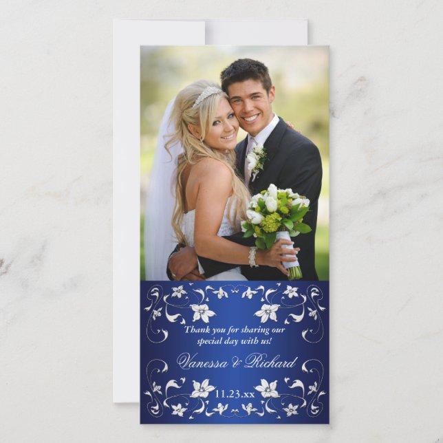 Navyl Blue, Silver Floral Wedding Foto Card Dankeskarte (Vorderseite)