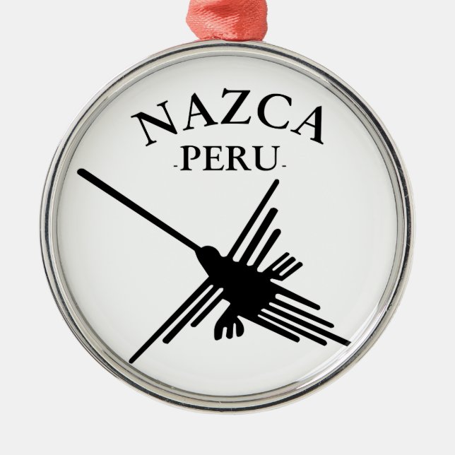 Nazca Peru Hummingbird mit geschwungenem Text Silbernes Ornament (Vorne)