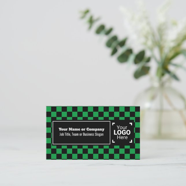 Nazzy Green / Black Checkered Own Text, QR, Logo Visitenkarte (Stehend Vorderseite)