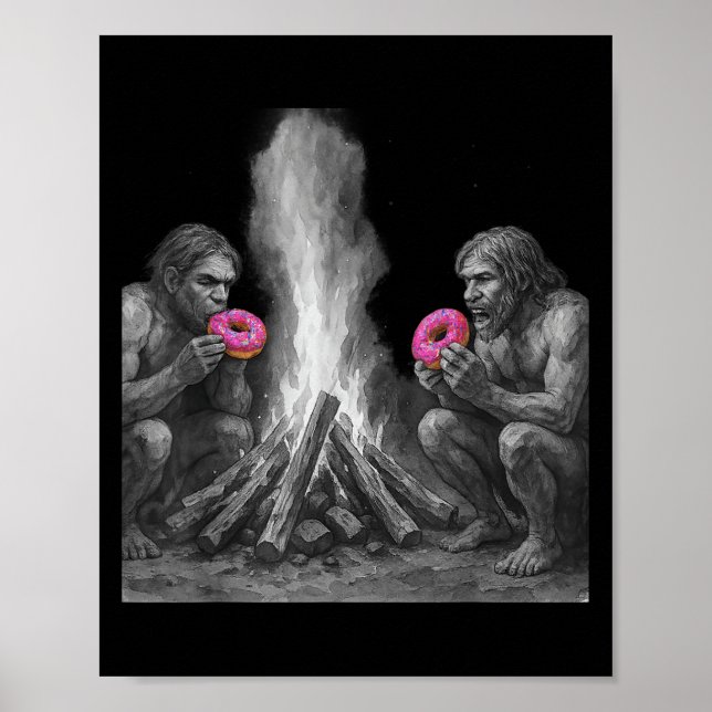 Neandertaler essen Donuts beim Feuergefecht Poster (Vorne)