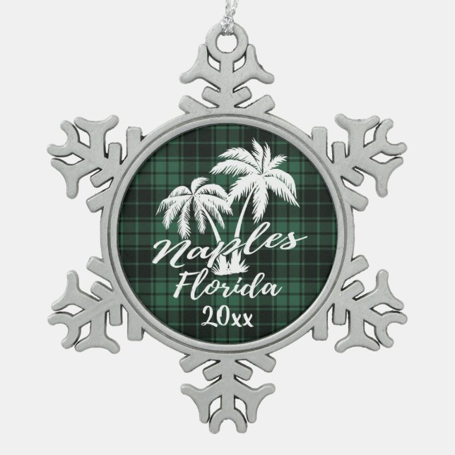 Neapel Beach Florida Palm Green Kariert Schneeflocken Zinn-Ornament (Vorderseite)