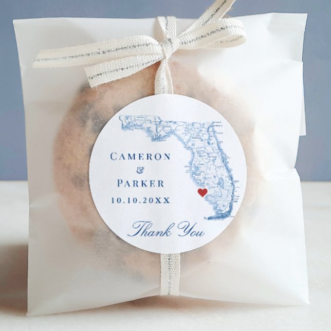Neapel Florida Wedding Vielen Dank Runder Aufkleber (Naples Florida Wedding favor round sticker label that says Thank You from Coastal Map Designs)