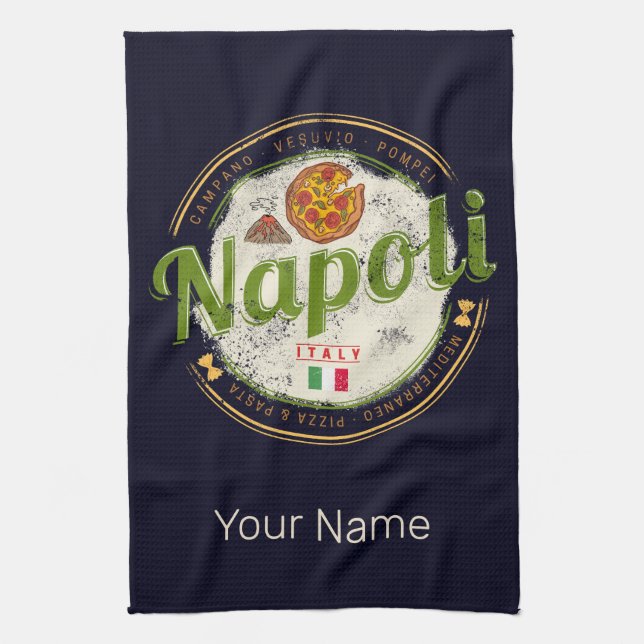 Neapel Italien Retro Vesuv und Pizza Vintag Geschirrtuch (Vertikal)