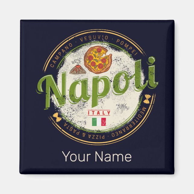 Neapel Italien Retro Vesuv und Pizza Vintag Magnet (Vorne)