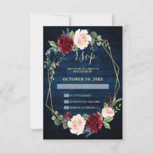 Neavy Blue Blush Burgund Gold Geometric Wedding RSVP Karte