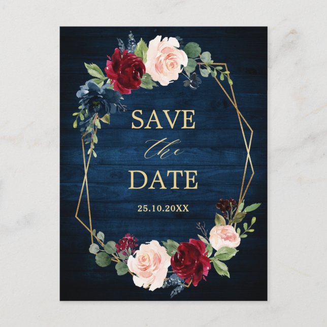 Neavy Blue Blush Burgundy Geometric Save the Date Postkarte (Vorderseite)