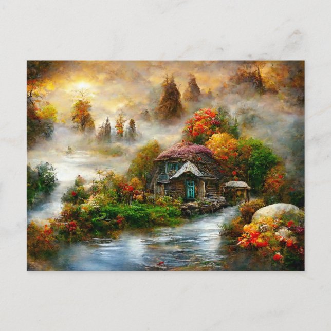 Nebel am Herbstmorgen. Fantasy Cottage. Postkarte (Vorderseite)