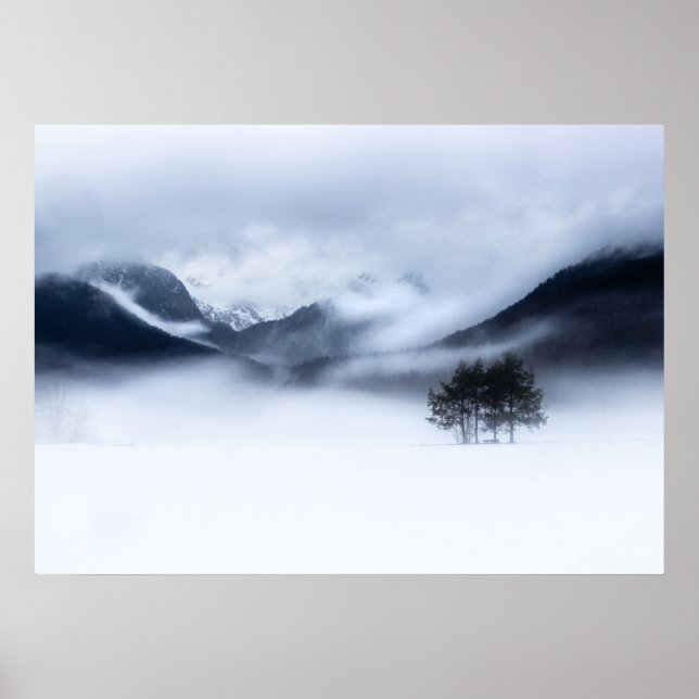 Nebel, Berge und einsamer Baum im Winter Poster (Vorne)