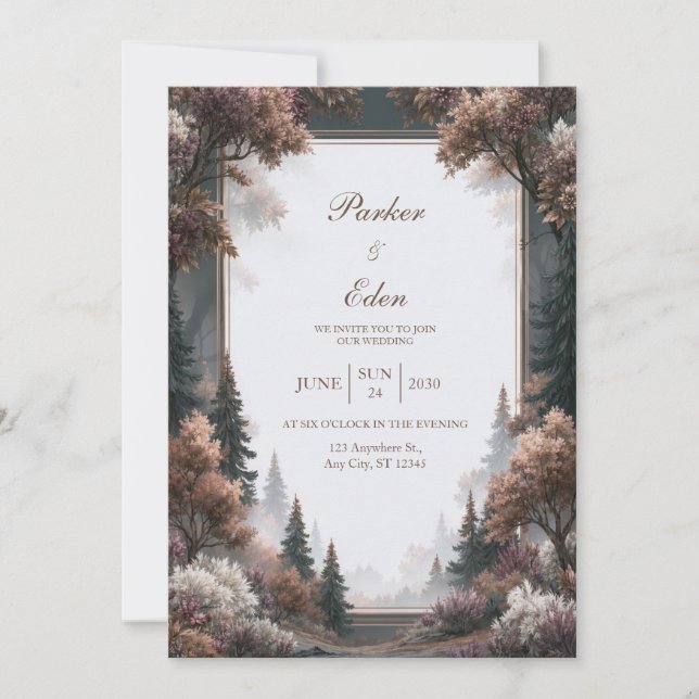 Nebel-Kiefernhochzeit Einladung (Vorderseite)