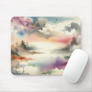 Nebelartige Bäume und Vögel in Aquarell Mousepad