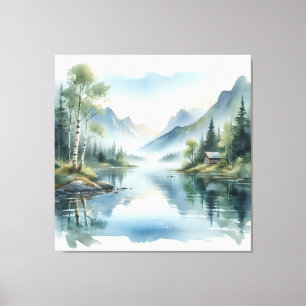 Nebelberg-Seehütte-Wasserfarben-Leinwandkunst Leinwanddruck
