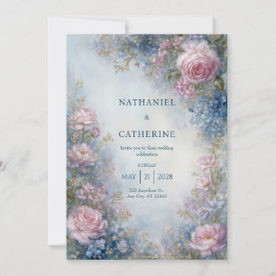 Nebelblaue Ätherische Rosenrand Hochzeit Einladung