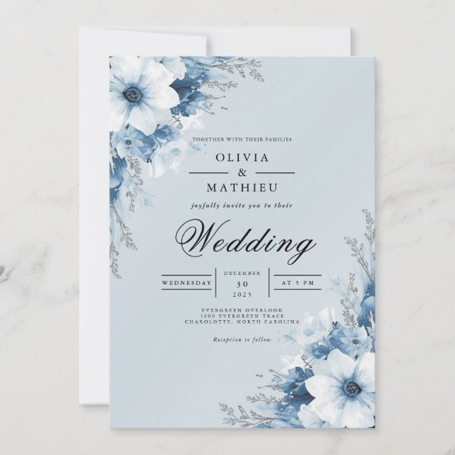 Nebelblaue Blumengewölbe-Hochzeit Einladung (Vorderseite)