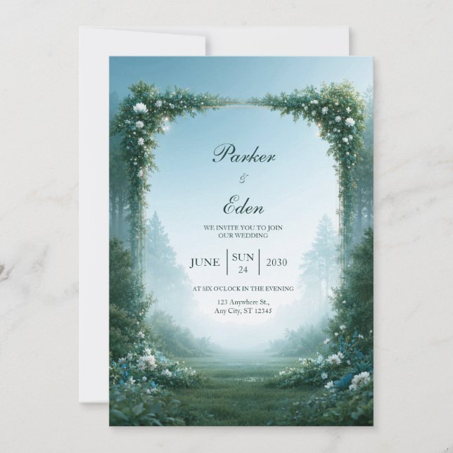 Nebelblaue Wiesenbogen-Hochzeit Einladung (Vorderseite)