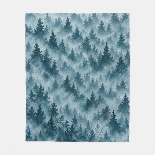 Nebelblauer Kiefernwald-Wasserfarbemuster Fleecedecke (Vorderseite)
