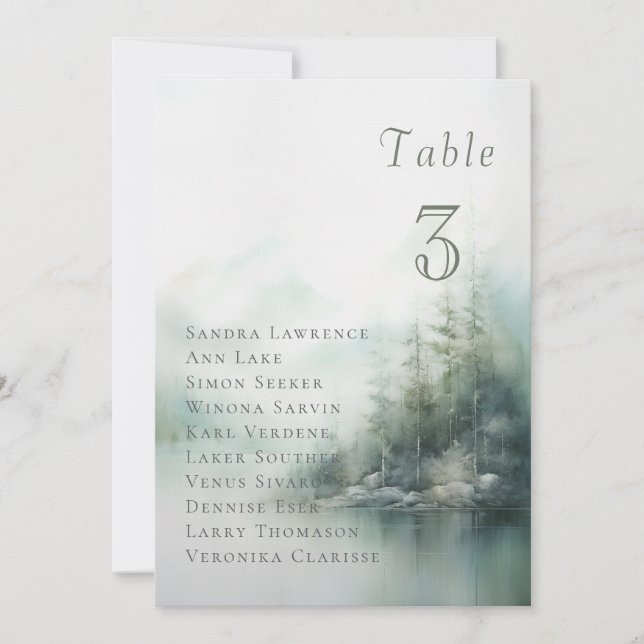 Nebelgrüne Wald-Hochzeitstisch-Sitzkarte Einladung (Vorderseite)